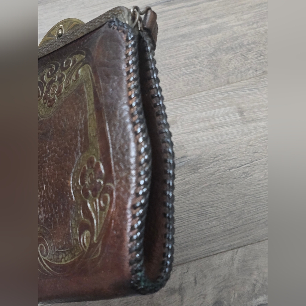 Antique Early 1900's Hand Tooled Leather Hand Bag Art Nouveau Deep Brown - Picture 7 of 13